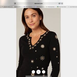 Alp N Rock Black Henley with beaded Snowflake design and metal buttons